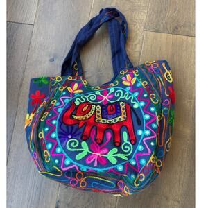Palak Indian Embroidered Vibrant Cotton Tote Bag Elephant Mirrors Zip